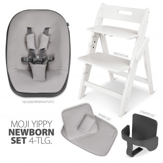 Moji Yippy Newborn Set (4-tlg.) Hochstuhl + Neugeborenen Aufsatz + Sitzkissen + Starter-Set - Snow