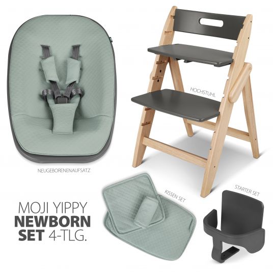 Moji Yippy Newborn Set (4-tlg.) Hochstuhl + Neugeborenen Aufsatz + Sitzkissen + Starter-Set - Stone