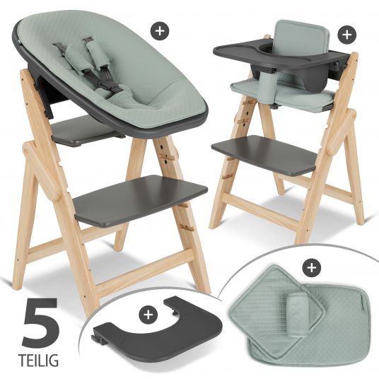 Moji Yippy Newborn Set (5-tlg.) Hochstuhl + Neugeborenen Aufsatz + Sitzkissen + Starter Set + Tisch & Essbrett - Stone