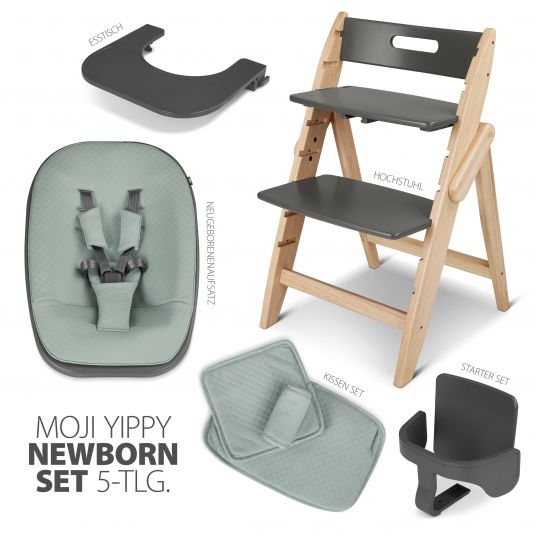 Moji Yippy Newborn Set (5-tlg.) Hochstuhl + Neugeborenen Aufsatz + Sitzkissen + Starter Set + Tisch & Essbrett - Stone