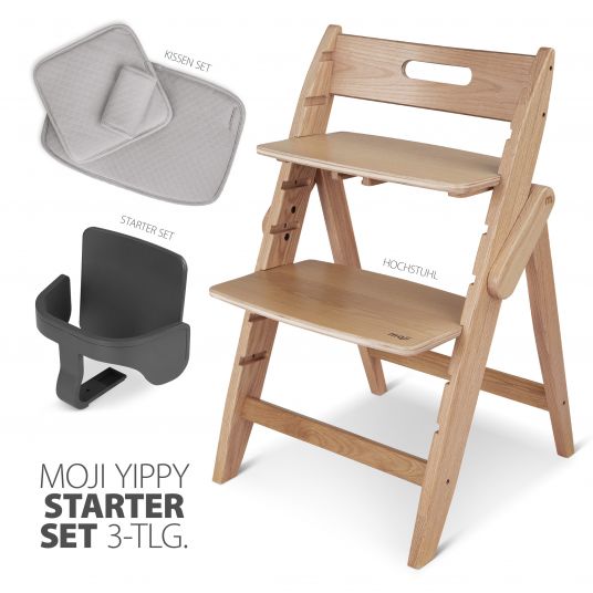 Moji Yippy Starter Set (3-tlg.) Hochstuhl + Sitzkissen + Starter Set (klappbar & mitwachsend) - Oak