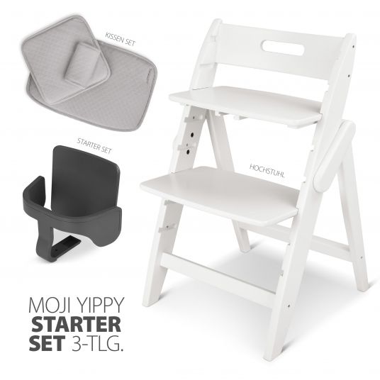 Moji Yippy Starter Set (3-tlg.) Hochstuhl + Sitzkissen + Starter Set (klappbar & mitwachsend) - Snow