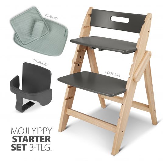 Moji Yippy Starter Set (3-tlg.) Hochstuhl + Sitzkissen + Starter Set (klappbar & mitwachsend) - Stone