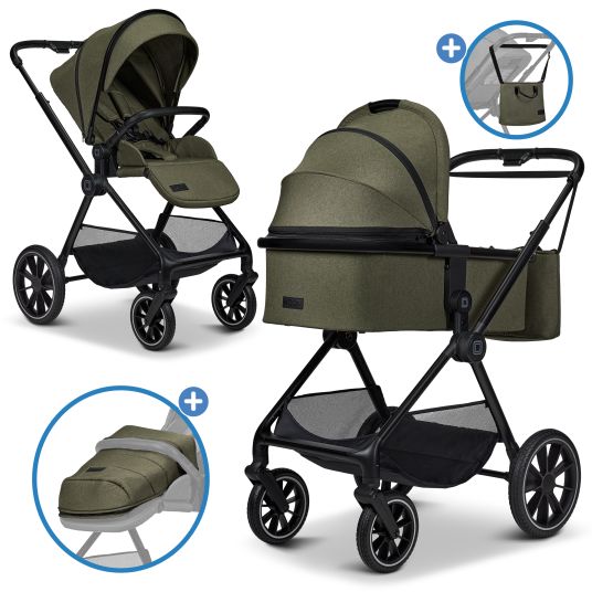 Moon 2in1 Kombi-Kinderwagen Clicc bis 22 kg mit Liegeposition, Babywanne, umsetzbare Sitzeinheit, Teleskopschieber inkl. Regenschutz, Wickeltasche, Fußsack & Adapter - Moss Melange