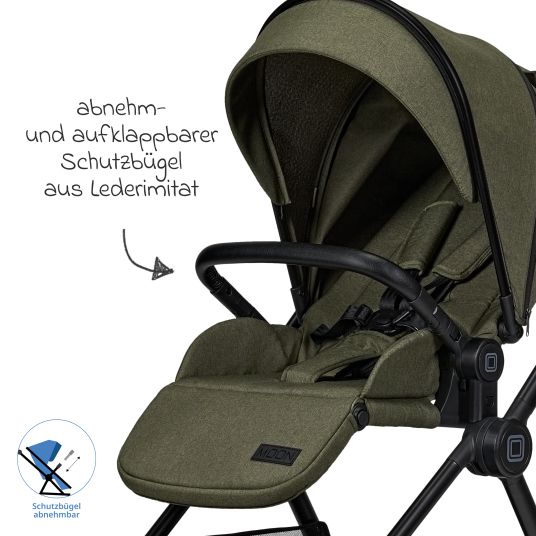 Moon 2in1 Kombi-Kinderwagen Clicc bis 22 kg mit Liegeposition, Babywanne, umsetzbare Sitzeinheit, Teleskopschieber inkl. Regenschutz, Wickeltasche, Fußsack & Adapter - Moss Melange