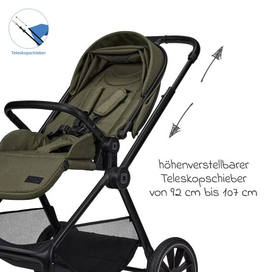 Moon 2in1 Kombi-Kinderwagen Clicc bis 22 kg mit Liegeposition, Babywanne, umsetzbare Sitzeinheit, Teleskopschieber inkl. Regenschutz, Wickeltasche, Fußsack & Adapter - Moss Melange