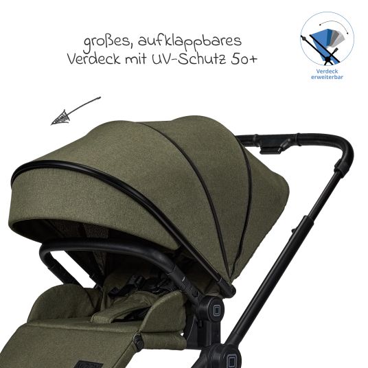 Moon 2in1 Kombi-Kinderwagen Clicc bis 22 kg mit Liegeposition, Babywanne, umsetzbare Sitzeinheit, Teleskopschieber inkl. Regenschutz, Wickeltasche, Fußsack & Adapter - Moss Melange