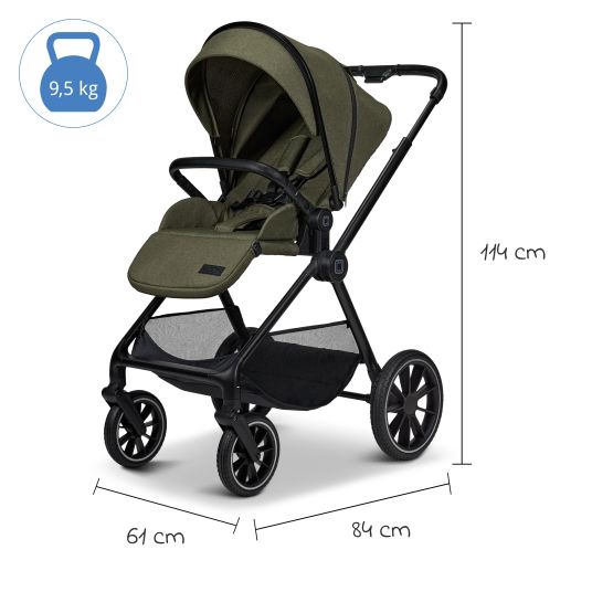 Moon 2in1 Kombi-Kinderwagen Clicc bis 22 kg mit Liegeposition, Babywanne, umsetzbare Sitzeinheit, Teleskopschieber inkl. Regenschutz, Wickeltasche, Fußsack & Adapter - Moss Melange