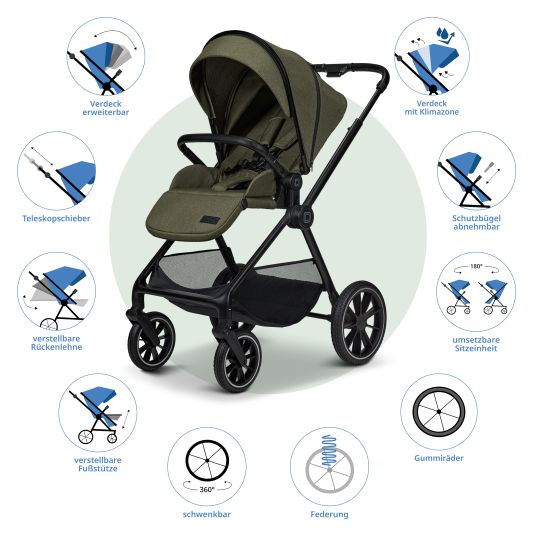 Moon 2in1 Kombi-Kinderwagen Clicc bis 22 kg mit Liegeposition, Babywanne, umsetzbare Sitzeinheit, Teleskopschieber inkl. Regenschutz, Wickeltasche, Fußsack & Adapter - Moss Melange