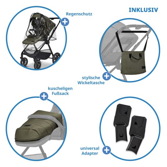 Moon 2in1 Kombi-Kinderwagen Clicc bis 22 kg mit Liegeposition, Babywanne, umsetzbare Sitzeinheit, Teleskopschieber inkl. Regenschutz, Wickeltasche, Fußsack & Adapter - Moss Melange