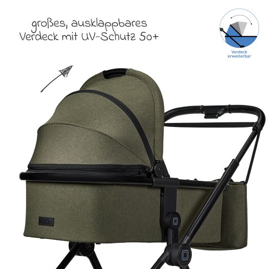 Moon 2in1 Kombi-Kinderwagen Clicc bis 22 kg mit Liegeposition, Babywanne, umsetzbare Sitzeinheit, Teleskopschieber inkl. Regenschutz, Wickeltasche, Fußsack & Adapter - Moss Melange