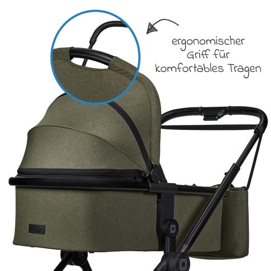 Moon 2in1 Kombi-Kinderwagen Clicc bis 22 kg mit Liegeposition, Babywanne, umsetzbare Sitzeinheit, Teleskopschieber inkl. Regenschutz, Wickeltasche, Fußsack & Adapter - Moss Melange