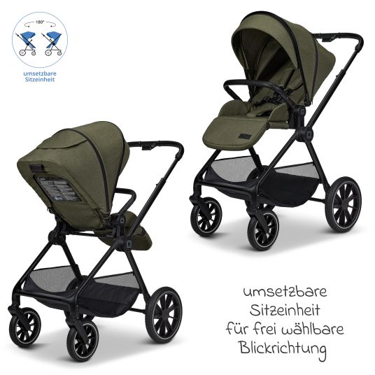 Moon 2in1 Kombi-Kinderwagen Clicc bis 22 kg mit Liegeposition, Babywanne, umsetzbare Sitzeinheit, Teleskopschieber inkl. Regenschutz, Wickeltasche, Fußsack & Adapter - Moss Melange