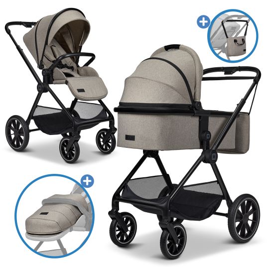 Moon 2in1 Kombi-Kinderwagen Clicc bis 22 kg mit Liegeposition, Babywanne, umsetzbare Sitzeinheit, Teleskopschieber inkl. Regenschutz, Wickeltasche, Fußsack & Adapter - Mud Melange