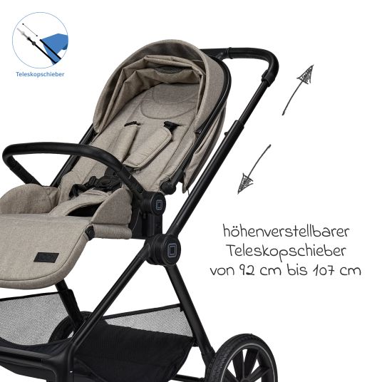 Moon 2in1 Kombi-Kinderwagen Clicc bis 22 kg mit Liegeposition, Babywanne, umsetzbare Sitzeinheit, Teleskopschieber inkl. Regenschutz, Wickeltasche, Fußsack & Adapter - Mud Melange