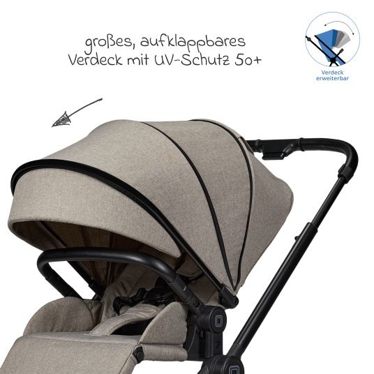 Moon 2in1 Kombi-Kinderwagen Clicc bis 22 kg mit Liegeposition, Babywanne, umsetzbare Sitzeinheit, Teleskopschieber inkl. Regenschutz, Wickeltasche, Fußsack & Adapter - Mud Melange