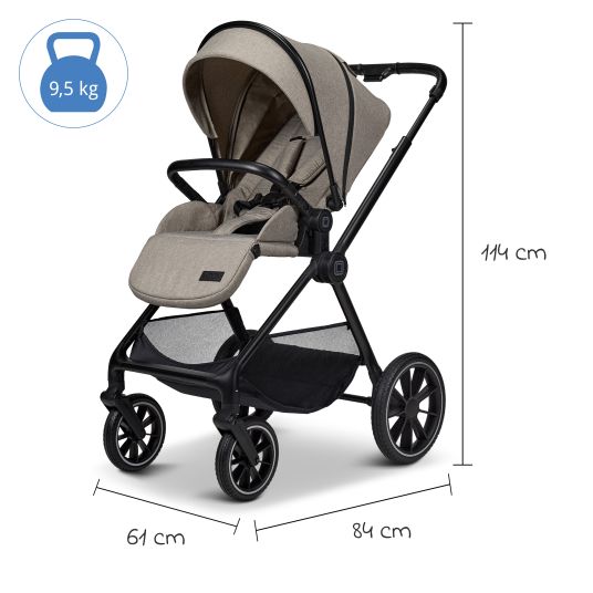 Moon 2in1 Kombi-Kinderwagen Clicc bis 22 kg mit Liegeposition, Babywanne, umsetzbare Sitzeinheit, Teleskopschieber inkl. Regenschutz, Wickeltasche, Fußsack & Adapter - Mud Melange