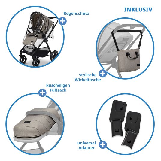 Moon 2in1 Kombi-Kinderwagen Clicc bis 22 kg mit Liegeposition, Babywanne, umsetzbare Sitzeinheit, Teleskopschieber inkl. Regenschutz, Wickeltasche, Fußsack & Adapter - Mud Melange