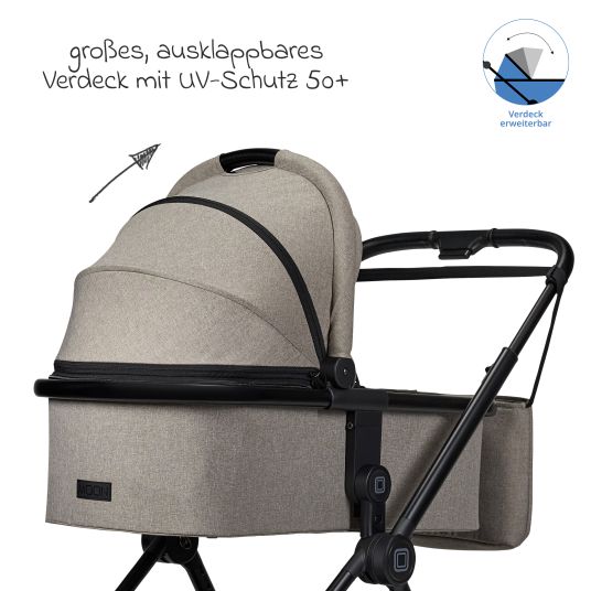 Moon 2in1 Kombi-Kinderwagen Clicc bis 22 kg mit Liegeposition, Babywanne, umsetzbare Sitzeinheit, Teleskopschieber inkl. Regenschutz, Wickeltasche, Fußsack & Adapter - Mud Melange