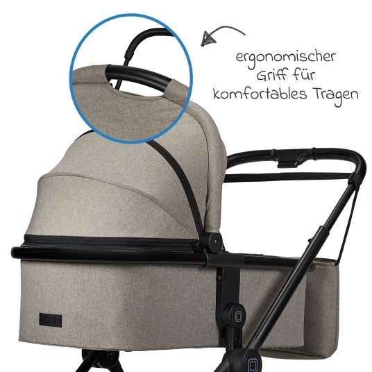 Moon 2in1 Kombi-Kinderwagen Clicc bis 22 kg mit Liegeposition, Babywanne, umsetzbare Sitzeinheit, Teleskopschieber inkl. Regenschutz, Wickeltasche, Fußsack & Adapter - Mud Melange