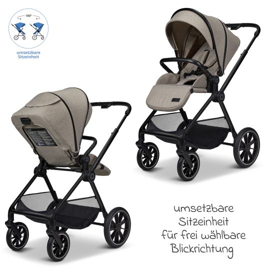 Moon 2in1 Kombi-Kinderwagen Clicc bis 22 kg mit Liegeposition, Babywanne, umsetzbare Sitzeinheit, Teleskopschieber inkl. Regenschutz, Wickeltasche, Fußsack & Adapter - Mud Melange