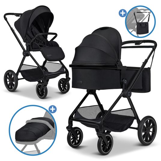 Moon 2in1 Kombi-Kinderwagen Clicc bis 22 kg mit Liegeposition, Babywanne, umsetzbare Sitzeinheit, Teleskopschieber inkl. Regenschutz, Wickeltasche, Fußsack & Adapter - Onyx Melange