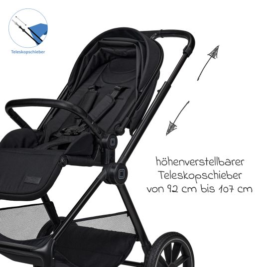 Moon 2in1 Kombi-Kinderwagen Clicc bis 22 kg mit Liegeposition, Babywanne, umsetzbare Sitzeinheit, Teleskopschieber inkl. Regenschutz, Wickeltasche, Fußsack & Adapter - Onyx Melange