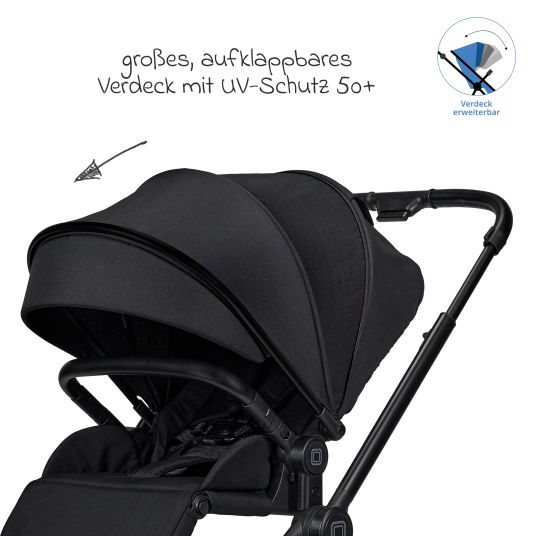 Moon 2in1 Kombi-Kinderwagen Clicc bis 22 kg mit Liegeposition, Babywanne, umsetzbare Sitzeinheit, Teleskopschieber inkl. Regenschutz, Wickeltasche, Fußsack & Adapter - Onyx Melange