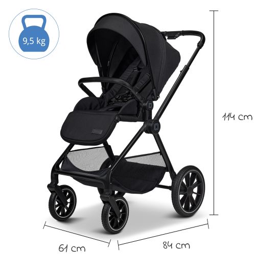 Moon 2in1 Kombi-Kinderwagen Clicc bis 22 kg mit Liegeposition, Babywanne, umsetzbare Sitzeinheit, Teleskopschieber inkl. Regenschutz, Wickeltasche, Fußsack & Adapter - Onyx Melange