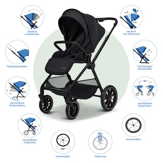 Moon 2in1 Kombi-Kinderwagen Clicc bis 22 kg mit Liegeposition, Babywanne, umsetzbare Sitzeinheit, Teleskopschieber inkl. Regenschutz, Wickeltasche, Fußsack & Adapter - Onyx Melange