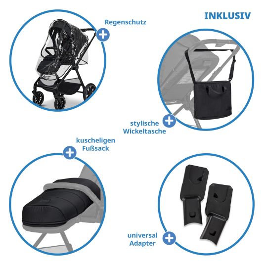 Moon 2in1 Kombi-Kinderwagen Clicc bis 22 kg mit Liegeposition, Babywanne, umsetzbare Sitzeinheit, Teleskopschieber inkl. Regenschutz, Wickeltasche, Fußsack & Adapter - Onyx Melange