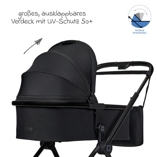 Moon 2in1 Kombi-Kinderwagen Clicc bis 22 kg mit Liegeposition, Babywanne, umsetzbare Sitzeinheit, Teleskopschieber inkl. Regenschutz, Wickeltasche, Fußsack & Adapter - Onyx Melange