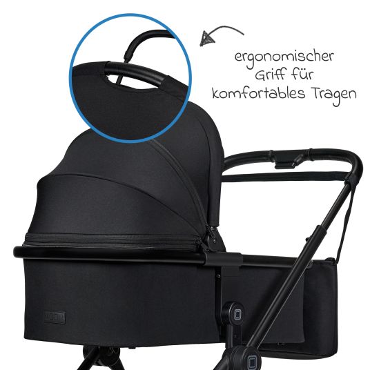 Moon 2in1 Kombi-Kinderwagen Clicc bis 22 kg mit Liegeposition, Babywanne, umsetzbare Sitzeinheit, Teleskopschieber inkl. Regenschutz, Wickeltasche, Fußsack & Adapter - Onyx Melange