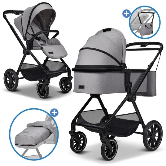 Moon 2in1 Kombi-Kinderwagen Clicc bis 22 kg mit Liegeposition, Babywanne, umsetzbare Sitzeinheit, Teleskopschieber inkl. Regenschutz, Wickeltasche, Fußsack & Adapter - Stone Melange