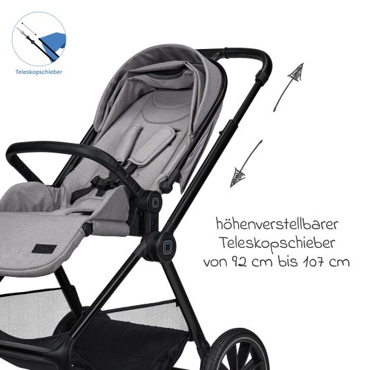 Moon 2in1 Kombi-Kinderwagen Clicc bis 22 kg mit Liegeposition, Babywanne, umsetzbare Sitzeinheit, Teleskopschieber inkl. Regenschutz, Wickeltasche, Fußsack & Adapter - Stone Melange