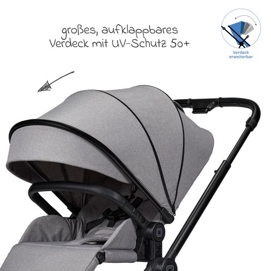 Moon 2in1 Kombi-Kinderwagen Clicc bis 22 kg mit Liegeposition, Babywanne, umsetzbare Sitzeinheit, Teleskopschieber inkl. Regenschutz, Wickeltasche, Fußsack & Adapter - Stone Melange