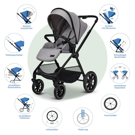 Moon 2in1 Kombi-Kinderwagen Clicc bis 22 kg mit Liegeposition, Babywanne, umsetzbare Sitzeinheit, Teleskopschieber inkl. Regenschutz, Wickeltasche, Fußsack & Adapter - Stone Melange