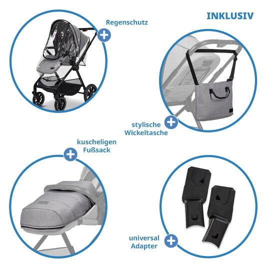 Moon 2in1 Kombi-Kinderwagen Clicc bis 22 kg mit Liegeposition, Babywanne, umsetzbare Sitzeinheit, Teleskopschieber inkl. Regenschutz, Wickeltasche, Fußsack & Adapter - Stone Melange