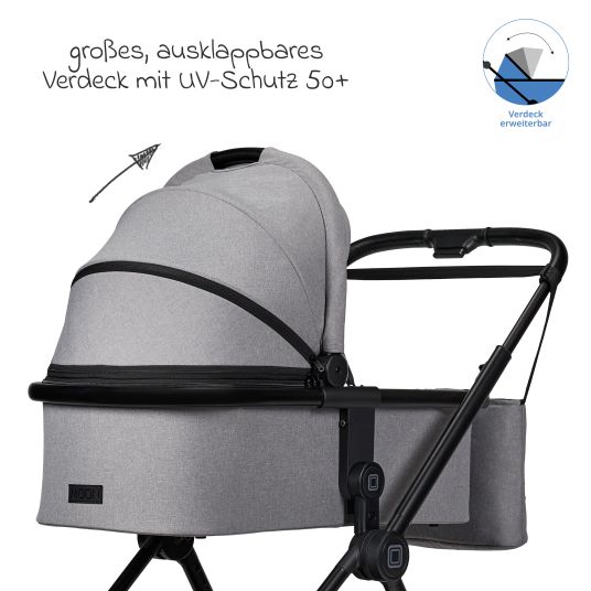 Moon 2in1 Kombi-Kinderwagen Clicc bis 22 kg mit Liegeposition, Babywanne, umsetzbare Sitzeinheit, Teleskopschieber inkl. Regenschutz, Wickeltasche, Fußsack & Adapter - Stone Melange