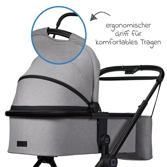 Moon 2in1 Kombi-Kinderwagen Clicc bis 22 kg mit Liegeposition, Babywanne, umsetzbare Sitzeinheit, Teleskopschieber inkl. Regenschutz, Wickeltasche, Fußsack & Adapter - Stone Melange