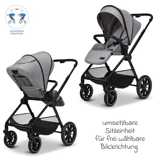 Moon 2in1 Kombi-Kinderwagen Clicc bis 22 kg mit Liegeposition, Babywanne, umsetzbare Sitzeinheit, Teleskopschieber inkl. Regenschutz, Wickeltasche, Fußsack & Adapter - Stone Melange