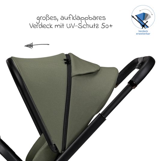 Moon 2in1 Kombi-Kinderwagen Resea + bis 22 kg mit Liegeposition, Babywanne, umsetzbare Sitzeinheit & Teleskopschieber - Moss