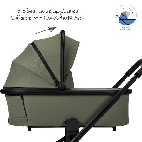 Moon 2in1 Kombi-Kinderwagen Resea + bis 22 kg mit Liegeposition, Babywanne, umsetzbare Sitzeinheit & Teleskopschieber - Moss