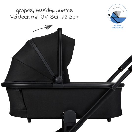 Moon 2in1 Kombi-Kinderwagen Resea + bis 22 kg mit Liegeposition, Babywanne, umsetzbare Sitzeinheit & Teleskopschieber - Onyx