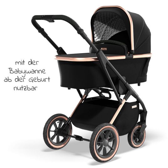 Moon 2in1 Kombi-Kinderwagen Rocca Edition mit Sportsitz, Babywanne & Matratze, Lufträder - bis 22 kg - Black Rose Gold