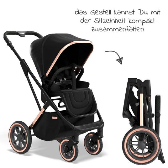 Moon 2in1 Kombi-Kinderwagen Rocca Edition mit Sportsitz, Babywanne & Matratze, Lufträder - bis 22 kg - Black Rose Gold