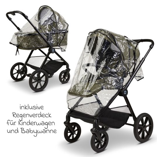 Moon 2in1 Kombi-Kinderwagen-Set Clicc bis 22 kg belastbar - umsetzbare Sitzeinheit, Babywanne, Teleskopschieber, Wickeltasche, Fußsack & Zubehör - Moss Green Melange