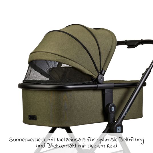 Moon 2in1 Clicc baby carriage set with a load capacity of up to 22 kg - convertible seat unit, carrycot, telescopic pushchair, changing bag, footmuff & accessories - Moss Green Melange