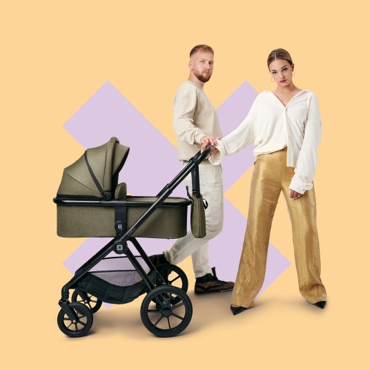 Moon 2in1 Clicc baby carriage set with a load capacity of up to 22 kg - convertible seat unit, carrycot, telescopic pushchair, changing bag, footmuff & accessories - Moss Green Melange