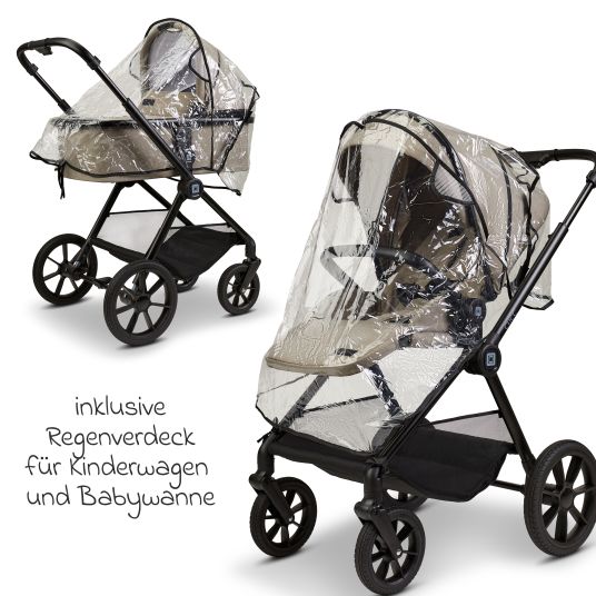 Moon 2in1 Clicc baby carriage set with a load capacity of up to 22 kg - convertible seat unit, carrycot, telescopic pushchair, changing bag, footmuff & accessories - Mud Melange